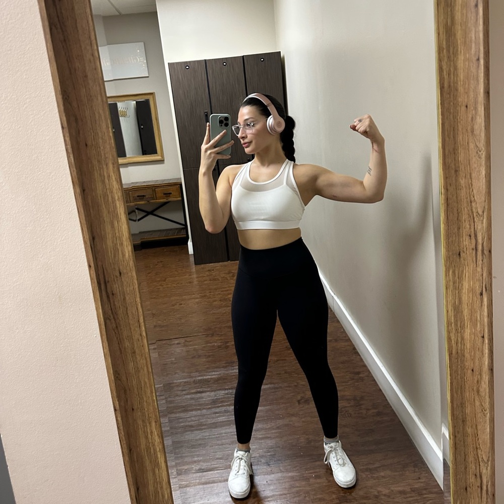 White Fabletics Sports Bra + Black Fabletics Leggings